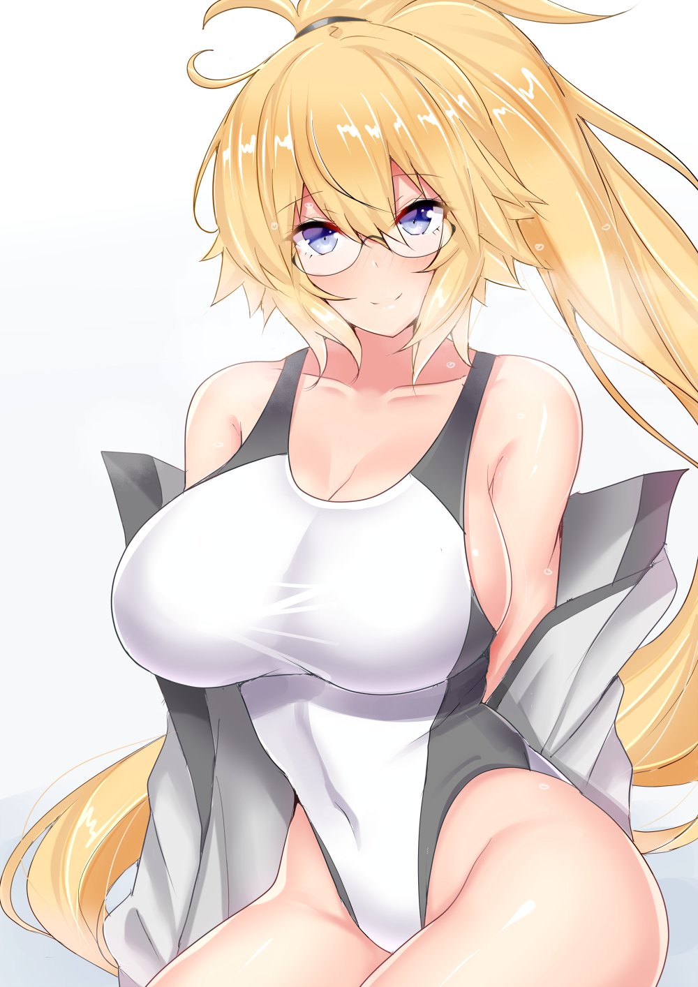 1girl bangs bare_shoulders blonde_hair blue_eyes blush breasts cleavage closed_mouth collarbone competition_swimsuit covered_navel fate/grand_order fate_(series) glasses grey_swimsuit hair_between_eyes highleg highleg_swimsuit highres hips jacket jeanne_d'arc_(fate)_(all) jeanne_d'arc_(swimsuit_archer) large_breasts long_hair looking_at_viewer off_shoulder one-piece_swimsuit open_clothes open_jacket ponytail sankakusui shiny shiny_hair simple_background smile solo swimsuit two-tone_swimsuit very_long_hair waist white_background white_jacket white_swimsuit