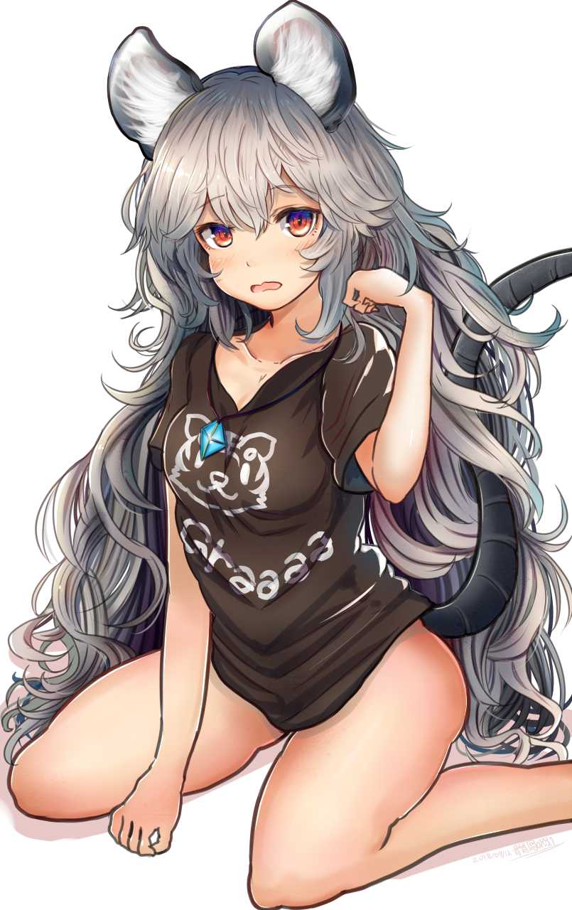 1girl alternate_costume alternate_hair_length alternate_hairstyle animal_ears bangs bare_legs black_shirt blush breasts clothes_writing collarbone commentary_request dated eyebrows_visible_through_hair feet_out_of_frame grey_hair hair_between_eyes hand_up highres houdukixx jewelry long_hair looking_at_viewer medium_breasts mouse_ears mouse_tail naked_shirt nazrin open_mouth pendant red_eyes shadow shirt signature simple_background solo t-shirt tail thighs touhou very_long_hair white_background