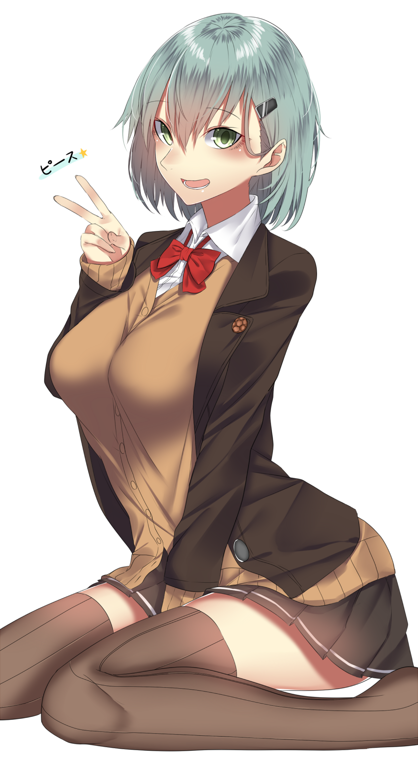 1girl alternate_hair_length alternate_hairstyle ascot blazer brown_jacket brown_legwear brown_skirt cardigan green_eyes green_hair hair_ornament hairclip highres jacket kantai_collection onineko-chan open_cardigan open_clothes pleated_skirt remodel_(kantai_collection) school_uniform simple_background sitting skirt solo suzuya_(kantai_collection) thigh-highs v vest wariza white_background