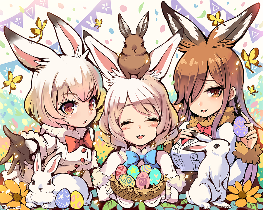 3girls :d ^_^ animal animal_ears animal_on_head arctic_hare_(kemono_friends) bangs black_gloves blue_bow blue_neckwear bow bowtie brown_eyes brown_hair bug butterfly center_frills closed_eyes closed_eyes easter egg european_hare_(kemono_friends) extra_ears eyebrows_visible_through_hair flower fujimaru_(green_sparrow) fur-trimmed_sleeves fur_collar fur_trim gloves hair_over_one_eye insect kemono_friends long_sleeves looking_at_viewer mountain_hare_(kemono_friends) multiple_girls nest on_head open_mouth orange_eyes pleated_skirt rabbit rabbit_ears red_bow red_neckwear shirt skirt smile star straight_hair twitter_username white_hair white_shirt white_skirt yellow_flower
