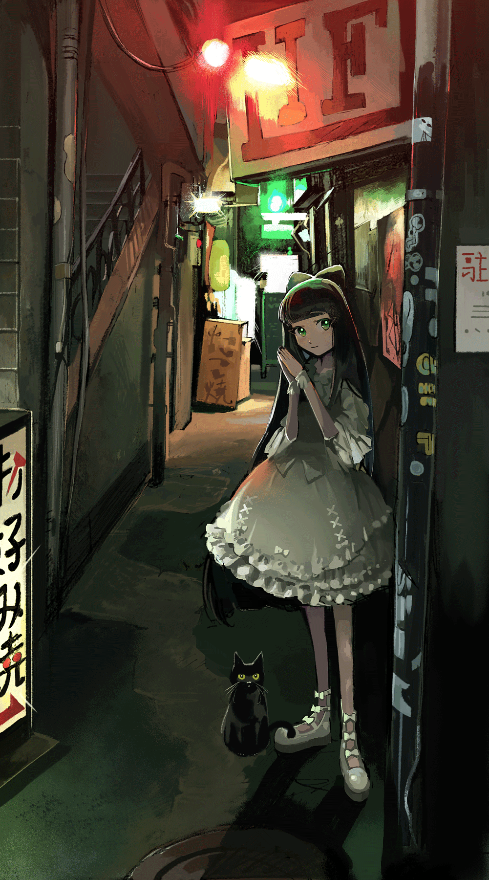 1girl alley bayashiko black_cat black_hair bow box cat closed_mouth commentary_request copyright_request dress green_eyes grey_dress hair_bow hands_clasped hands_together highres lamp long_hair looking_at_viewer night outdoors own_hands_together shoes sign smile solo stairs standing white_footwear