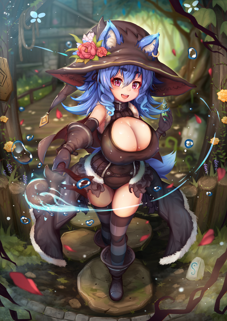 1girl :d ai_gon_deroga animal_ear_fluff animal_ears bare_shoulders blue_hair blurry boots breasts bridge cleavage cleavage_cutout commentary_request depth_of_field ears_through_headwear eyebrows_visible_through_hair flower forest fur_trim gloves hat hat_flower house huge_breasts jewelry leather leotard magic medium_hair nature open_mouth original pink_eyes potion showgirl_skirt single_earring smile solo staff striped striped_legwear tail thigh-highs tree water witch witch_hat wolf_ears wolf_tail