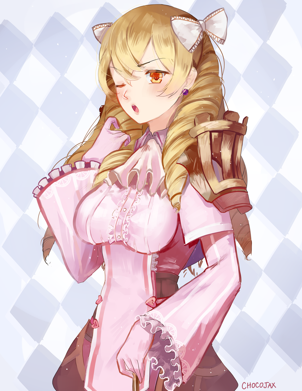 1girl ascot blonde_hair blush bow breasts center_frills chocojax commentary drill_hair earrings english_commentary eyebrows_visible_through_hair fire_emblem fire_emblem:_kakusei gloves hair_bow hair_ornament highres jewelry lace long_hair mariabel_(fire_emblem) nintendo one_eye_closed open_mouth solo yellow_eyes