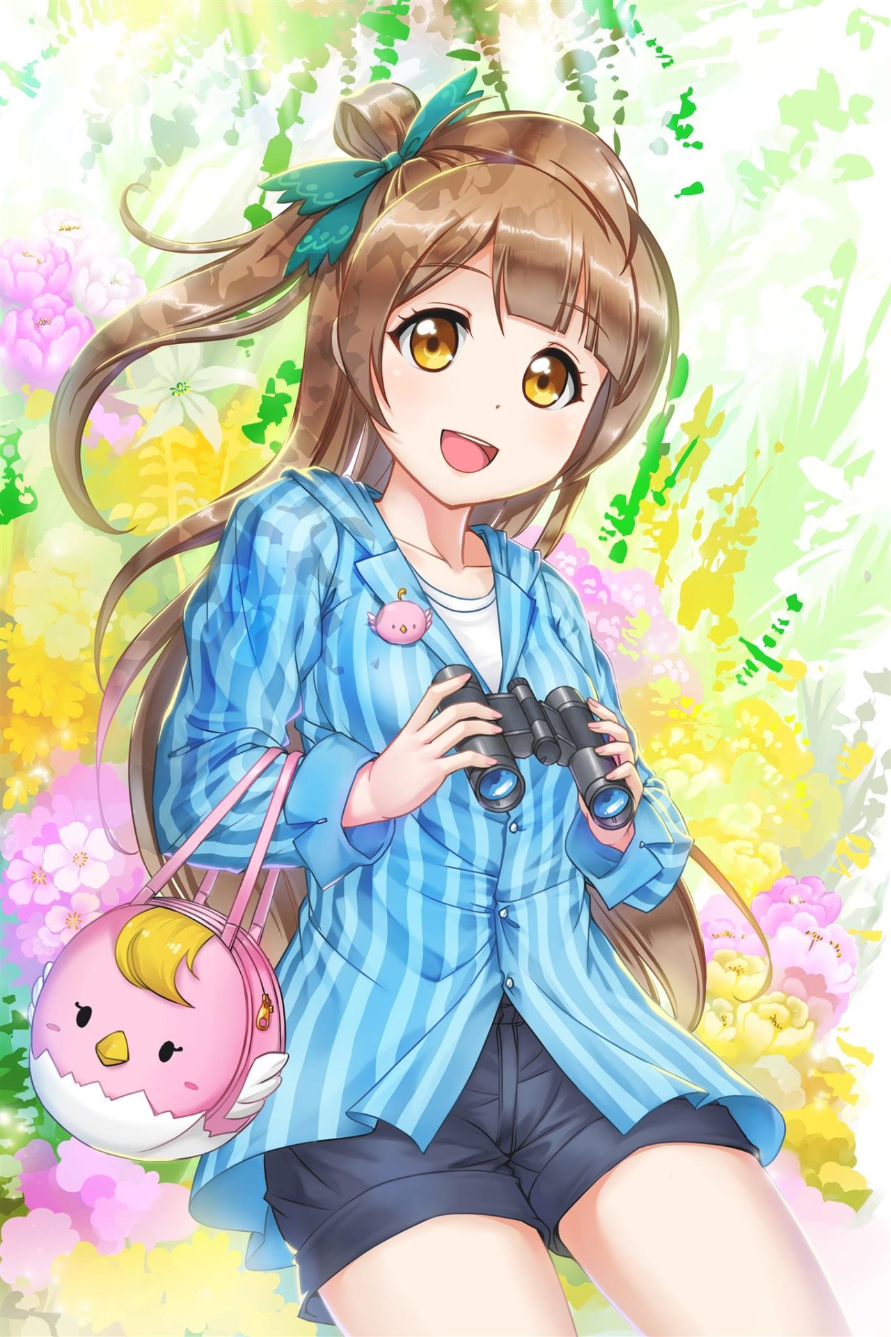 1girl :d animal_bag aqua_bow badge bag bangs binoculars black_shorts blue_shirt bow brown_hair button_badge commentary_request crazypen eyebrows_visible_through_hair floral_background hair_bow handbag highres holding holding_binoculars long_hair long_sleeves looking_at_viewer love_live! love_live!_school_idol_project minami_kotori one_side_up open_mouth shirt short_shorts shorts smile solo striped striped_shirt upper_teeth vertical-striped_shirt vertical_stripes yellow_eyes