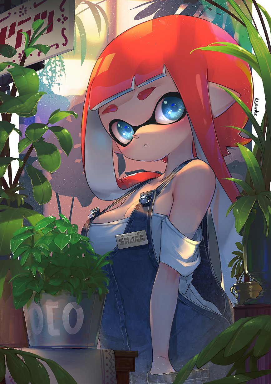 1girl bangs bare_shoulders blue_eyes blunt_bangs breasts cleavage closed_mouth collarbone denim expressionless hand_in_pocket highres inkling inkling_(language) kashu_(hizake) light_rays looking_at_viewer medium_breasts monster_girl nintendo off_shoulder orange_hair overalls plant pointy_ears potted_plant shade shirt short_eyebrows short_hair_with_long_locks short_sleeves sidelocks sideways_glance sign signature solo splatoon standing table tablecloth tentacle_hair thick_eyebrows white_shirt