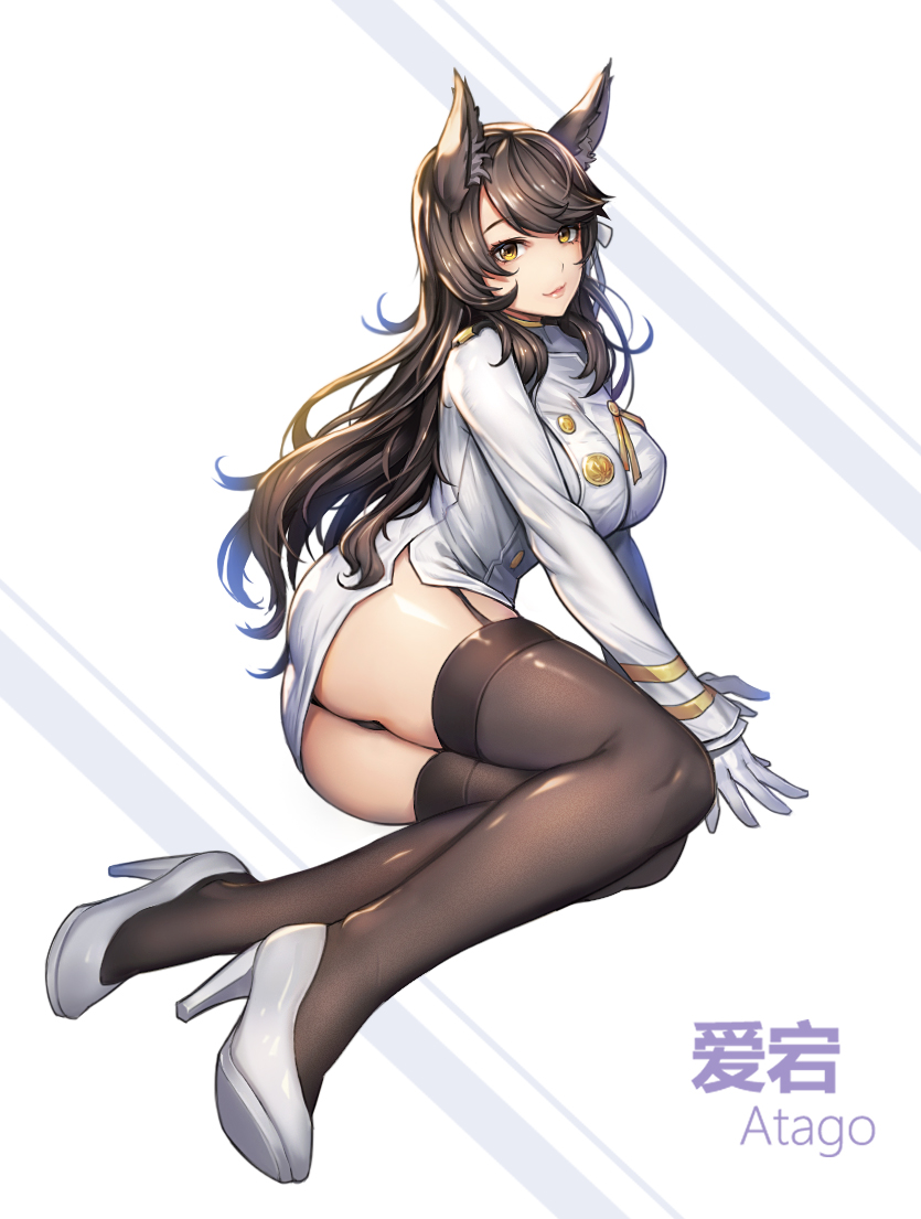 1girl alpaca_sama animal_ears arm_support ass atago_(azur_lane) azur_lane bangs black_hair black_legwear blush breasts brown_eyes character_name closed_mouth extra_ears eyebrows_visible_through_hair fox_ears garter_straps gloves hair_ribbon high_heels jacket large_breasts long_hair long_sleeves looking_at_viewer miniskirt mole mole_under_eye pencil_skirt ribbon shirt side_slit sidelocks sitting skindentation skirt smile solo swept_bangs thigh-highs thighs uniform white_footwear white_ribbon white_shirt