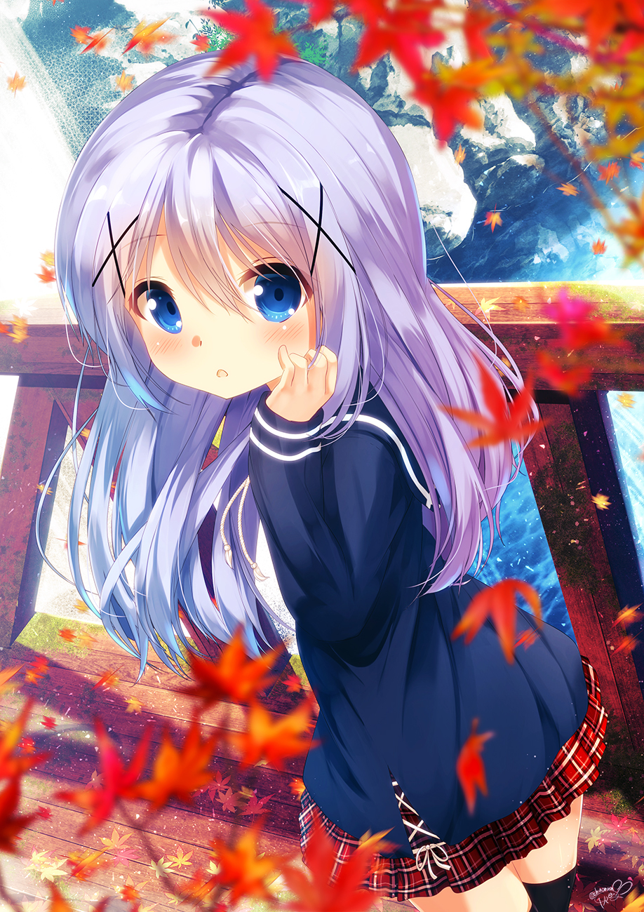 1girl :o autumn_leaves bangs blue_eyes blue_hair blue_sailor_collar blue_shirt blurry blurry_foreground blush bridge chinomaron commentary_request day depth_of_field eyebrows_visible_through_hair gochuumon_wa_usagi_desu_ka? hair_between_eyes hair_ornament hand_up highres kafuu_chino long_hair long_sleeves looking_at_viewer looking_to_the_side outdoors parted_lips plaid plaid_skirt pleated_skirt red_skirt river rock sailor_collar shirt signature skirt sleeves_past_wrists solo standing twitter_username very_long_hair water wooden_bridge x_hair_ornament