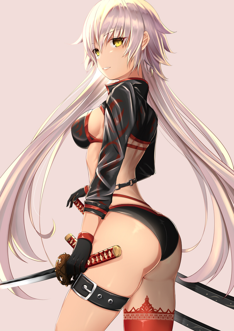 1girl ass bangs bikini black_bikini black_choker black_jacket breasts choker cropped_jacket eyebrows_visible_through_hair fate/grand_order fate_(series) from_side hair_between_eyes holding holding_sword holding_weapon jacket jeanne_d'arc_(alter_swimsuit_berserker) jeanne_d'arc_(fate)_(all) katana long_hair looking_at_viewer looking_back medium_breasts parted_lips red_legwear shrug_(clothing) single_thighhigh solo swimsuit sword thigh-highs thigh_strap very_long_hair weapon white_hair xian_yu yellow_eyes