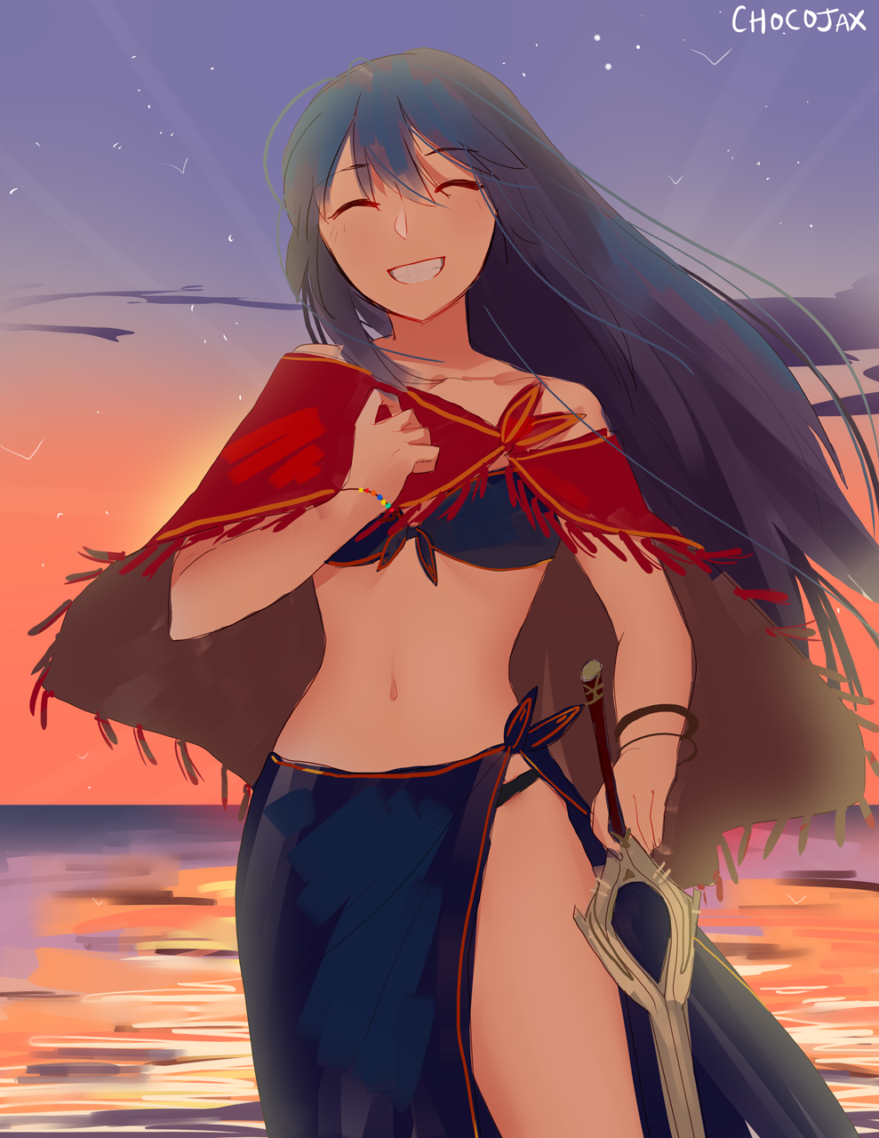 1girl :d ^_^ ^o^ artist_name backlighting bangle bangs bare_arms bare_shoulders beach bead_bracelet beads bikini bird blush bracelet chocojax closed_eyes clouds cloudy_sky collarbone commentary cute english_commentary facing_viewer fire_emblem fire_emblem:_kakusei fire_emblem_heroes fringe front-tie_bikini front-tie_top gradient_sky grin highres holding holding_sword holding_weapon horizon intelligent_systems jewelry long_hair lucina midriff navel nintendo ocean open_mouth outdoors red_shawl sarong seagull shawl sky smile solo standing star_(sky) starry_sky stomach strapless strapless_bikini summer sunset super_smash_bros. swimsuit sword very_long_hair weapon