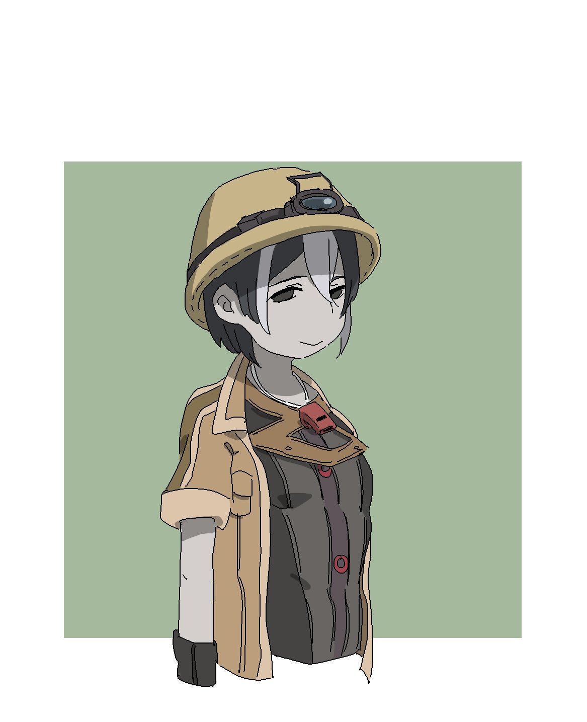 1girl black_eyes black_gloves black_hair black_shirt brown_jacket closed_mouth commentary_request gloves green_background hat highres jacket looking_at_viewer made_in_abyss multicolored_hair open_clothes open_jacket ozen servomotorr shirt short_hair short_sleeves simple_background smile solo two-tone_hair upper_body whistle white_hair younger