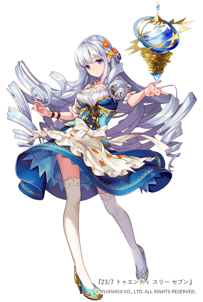 1girl 23/7 blue_dress blue_eyes blue_footwear bow breasts dress drill_hair flower frills full_body hair_flower hair_ornament medium_breasts ne-on official_art outstretched_hand sidelocks silver_hair simple_background solo standing twin_drills watermark white_background white_bow white_legwear