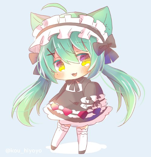 1girl :3 :d ahoge akashi_(azur_lane) animal_ears azur_lane bangs black_bow black_dress black_footwear black_hairband blue_background blush bow cat_ears chibi commentary_request dress eyebrows_visible_through_hair frilled_hairband frills full_body gothic_lolita green_hair hair_between_eyes hair_ornament hairband head_tilt kouu_hiyoyo lolita_fashion long_hair long_sleeves looking_at_viewer mole mole_under_eye open_mouth sidelocks sleeves_past_fingers sleeves_past_wrists smile solo standing thigh-highs twintails twitter_username very_long_hair white_legwear x_hair_ornament yellow_eyes