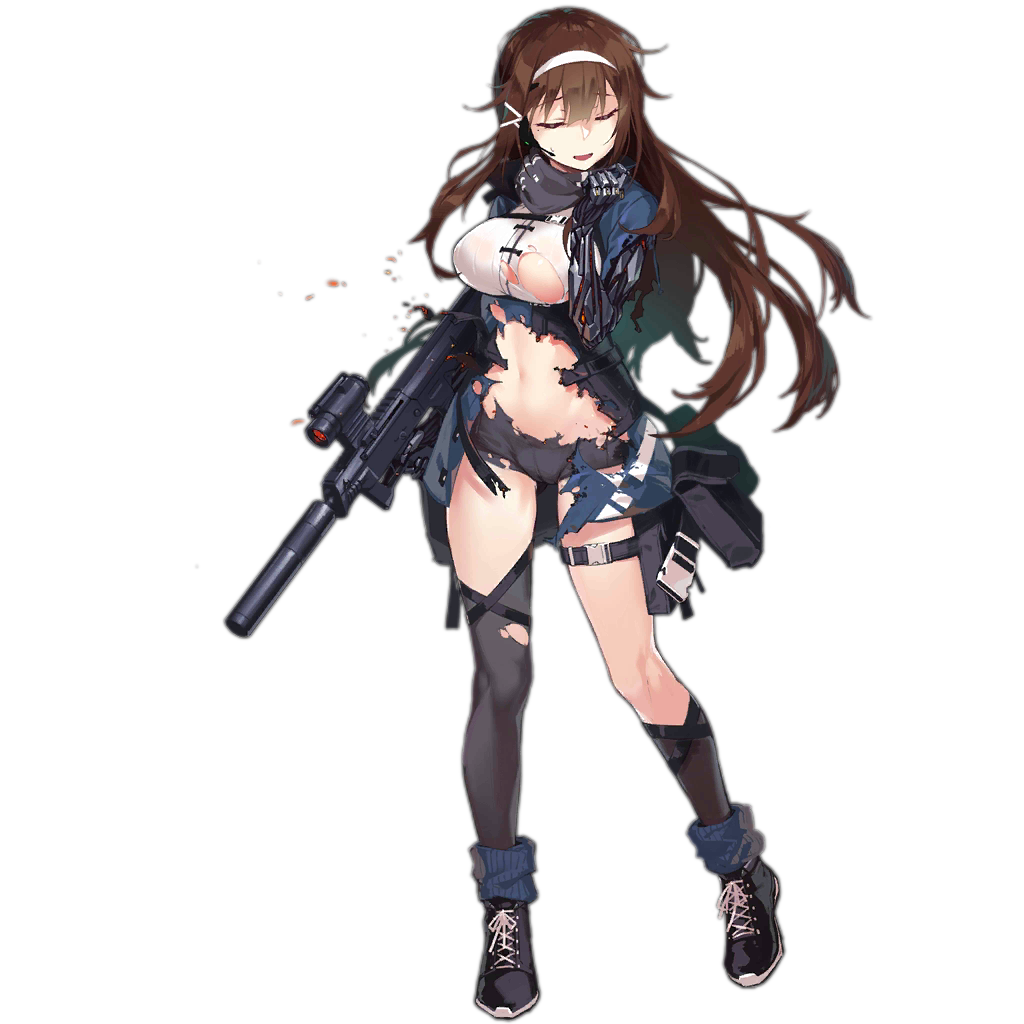 1girl artist_request asymmetrical_legwear belt belt_pouch brown_hair bullpup closed_eyes damaged earpiece girls_frontline gloves gun handband jacket js_9_mm_(girls_frontline) long_hair mechanical_arm official_art pouch scarf scope shirt shoes shy skirt sneakers socks solo submachine_gun suppressor thigh-highs torn_clothes torn_jacket torn_shirt torn_skirt torn_thighhighs weapon