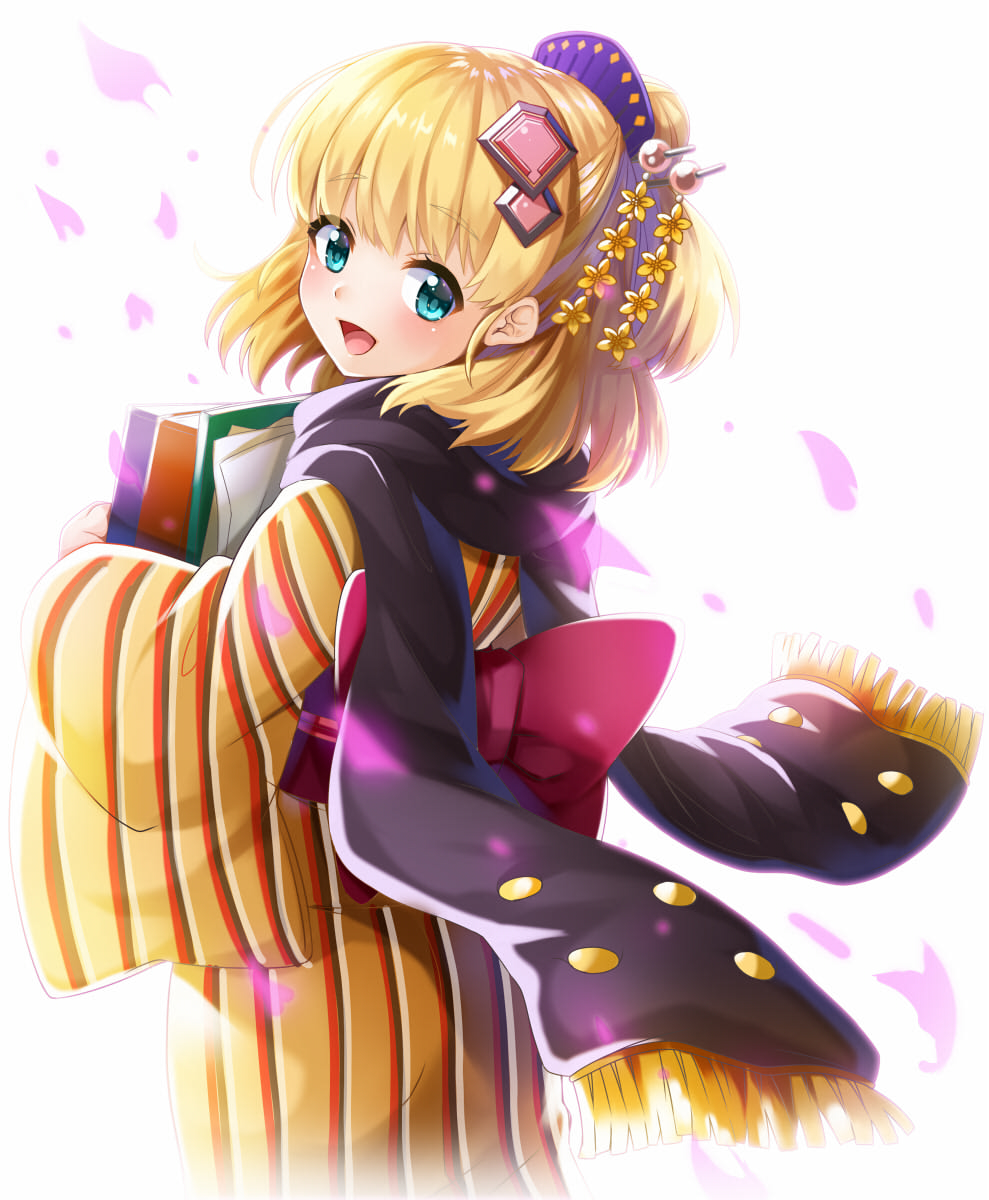 1girl :d black_scarf blonde_hair blue_eyes book carrying comb commentary_request cowboy_shot eyebrows_visible_through_hair fringe from_behind hair_ornament hair_stick half_updo head_tilt highres japanese_clothes kanna_(chaos966) kimono looking_at_viewer looking_back obi open_mouth oshiro_project oshiro_project_re petals sash scarf shinagawa_daiba_(oshiro_project) short_hair simple_background smile solo striped striped_kimono vertical_stripes white_background