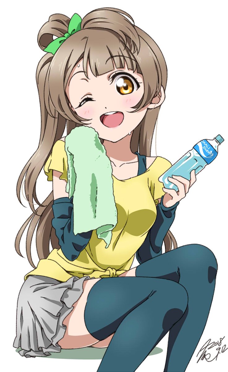 1girl ;d arm_warmers bangs blue_legwear bottle bow commentary_request eyebrows_visible_through_hair green_bow grey_hair grey_skirt hair_bow highres holding holding_bottle holding_towel long_hair looking_at_viewer love_live! love_live!_school_idol_project minami_kotori miniskirt one_eye_closed one_side_up open_mouth round_teeth shirt short_sleeves signature sitting skirt smile solo sweat takeya_yuuki teeth thigh-highs towel upper_teeth water_bottle white_background yellow_eyes yellow_shirt