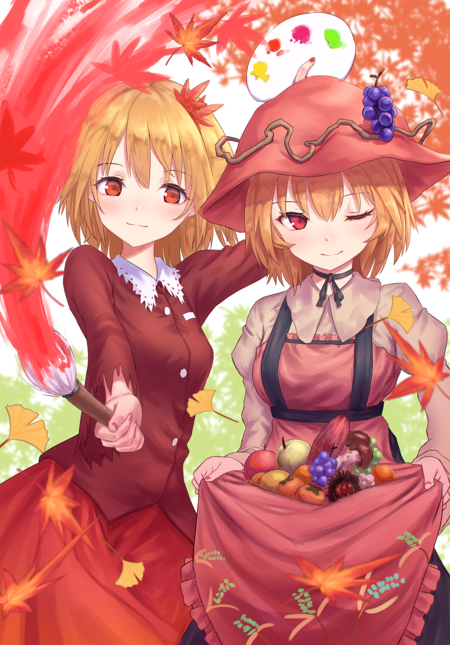 2girls ;) aki_minoriko aki_shizuha apple arm_up autumn_leaves bangs beige_shirt black_choker blonde_hair blush breasts choker commentary_request cowboy_shot dress eyebrows_visible_through_hair food food_themed_hair_ornament frills fruit grape_hair_ornament grapes hair_between_eyes hair_ornament hat highres holding holding_paintbrush juliet_sleeves lace-trimmed_collar lace_trim leaf leaf_hair_ornament long_sleeves looking_at_viewer medium_breasts multiple_girls mushroom nail_polish one_eye_closed paintbrush palette puffy_sleeves red_eyes red_hat red_nails red_shirt red_skirt ribbon_choker roke_(taikodon) shirt short_hair siblings sisters skirt skirt_hold smile standing strapless strapless_dress suspenders sweet_potato tomato touhou white_background
