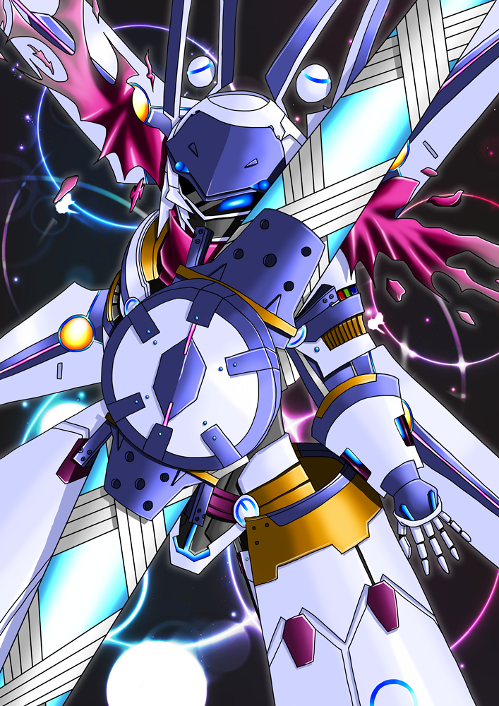 1girl armor artoria_pendragon_(all) bodysuit breasts fate/grand_order fate_(series) graphite_(medium) mecha mecha_musume mechanical_arms mechanical_legs mechanical_parts mechanical_wings mysterious_heroine_xx_(foreigner) power_armor power_suit scarf shiza_0214 space star_(sky) traditional_media wings