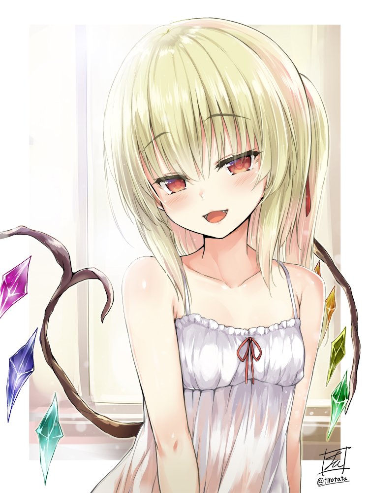 1girl :d artist_name bangs bare_arms bare_shoulders blonde_hair blush border breasts camisole collarbone commentary_request crystal eyebrows_visible_through_hair fangs flandre_scarlet frills hair_between_eyes hair_ribbon head_tilt looking_at_viewer no_hat no_headwear one_side_up open_mouth outside_border red_eyes red_ribbon ribbon signature small_breasts smile solo spaghetti_strap tirotata touhou twitter_username upper_body white_border window wings