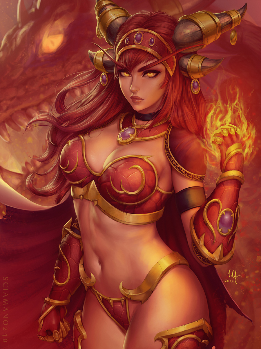 1girl 2018 alexstrasza arm_strap armor artist_name bangs bikini bikini_armor black_choker breasts cape choker cleavage clenched_hand closed_mouth commentary cowboy_shot detached_collar dragon dragon_horns english_commentary expressionless eyebrows fantasy fire floating_hair gauntlets gem hand_up headgear highres horns lips long_eyebrows long_hair looking_at_viewer medium_breasts monster navel nose pyrokinesis red red_armor red_bikini red_cape redhead sciamano240 sidelocks signature standing stomach swimsuit teeth warcraft wind world_of_warcraft yellow_eyes