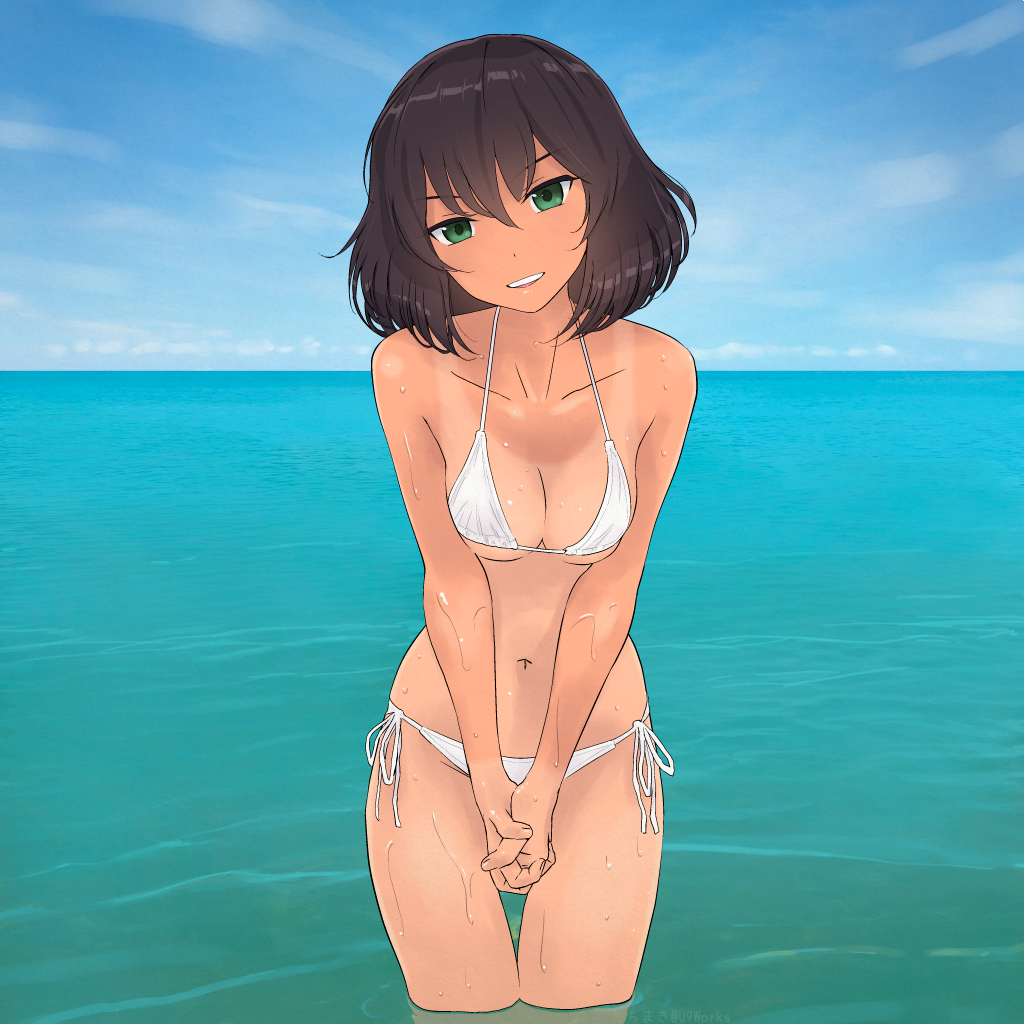 1girl akagi_(fmttps) bangs bikini blue_sky breasts brown_hair cleavage clouds cloudy_sky commentary commentary_request cowboy_shot dark_skin day girls_und_panzer green_eyes hands_together head_tilt hoshino_(girls_und_panzer) leaning_forward looking_at_viewer medium_breasts navel ocean open_mouth outdoors short_hair side-tie_bikini sky smile standing swimsuit tan tanline twitter_username wading wet white_bikini