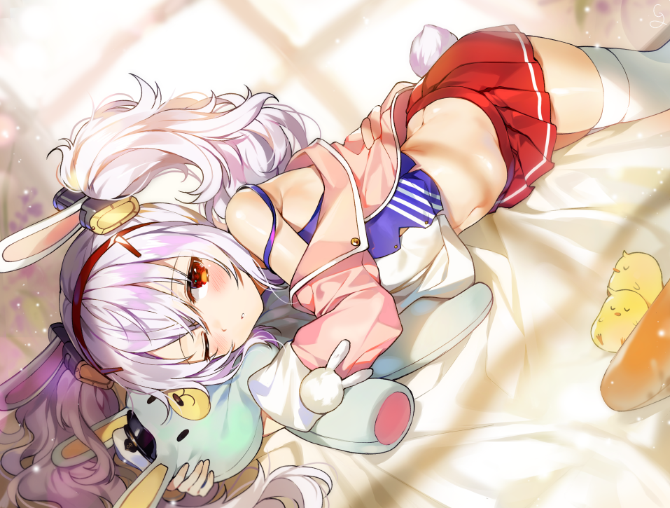 1girl animal_ears azur_lane bangs blush bow breasts closed_mouth commentary eyebrows_visible_through_hair fake_animal_ears fur-trimmed_jacket fur_trim gijang hair_between_eyes hair_bow hairband holding holding_stuffed_animal jacket laffey_(azur_lane) long_hair looking_at_viewer lying midriff navel object_hug off_shoulder on_bed on_side one_eye_closed open_clothes open_jacket pink_jacket rabbit_ears red_hairband red_skirt shiny shiny_skin silver_hair skindentation skirt sleeves_past_wrists small_breasts solo stomach strap_slip stuffed_animal stuffed_bunny stuffed_toy symbol_commentary twintails white_camisole white_legwear
