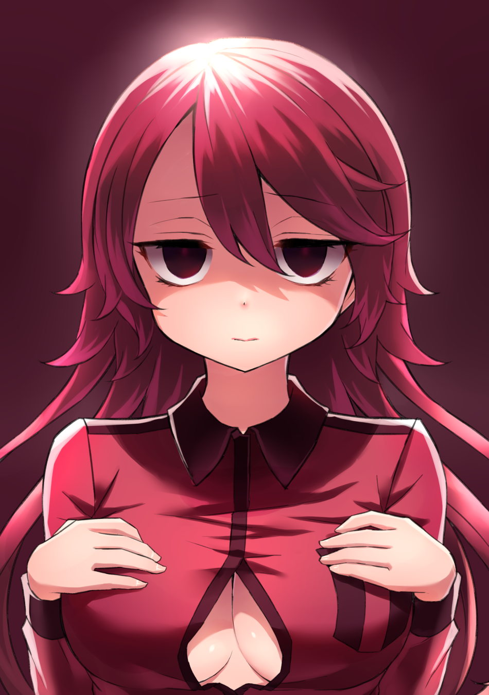 1girl breasts cleavage empty_eyes hands_on_own_chest highres large_breasts long_hair long_sleeves looking_at_viewer neit_ni_sei original partially_unbuttoned red_background red_eyes red_shirt redhead shirt upper_body