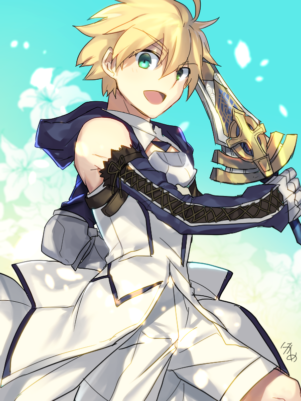 1boy aqua_background arthur_pendragon_(fate) artoria_pendragon_(all) bare_shoulders blonde_hair bracer breastplate coat commentary_request cosplay cowboy_shot cross-laced_clothes detached_sleeves excalibur_(fate/prototype) fate/stay_night fate_(series) floral_background flower gauntlets genderswap genderswap_(ftm) gold_trim gradient gradient_background green_eyes holding holding_sword holding_weapon hood knee_up lily_(flower) long_sleeves looking_at_viewer magical_boy male_focus mismatched_sleeves nikame overcoat saber saber_lily saber_lily_(cosplay) shorts simple_background solo sword weapon white_shorts younger