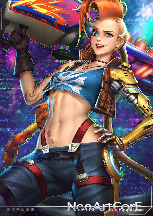 1girl artist_name bare_shoulders braid breasts brown_hair cannon choker gloves green_eyes hand_on_hip jacket jewelry jinx_(league_of_legends) league_of_legends long_hair looking_at_viewer midriff navel necklace nudtawut_thongmai open_mouth prosthesis prosthetic_arm signature single_glove small_breasts smile solo tank_top very_long_hair