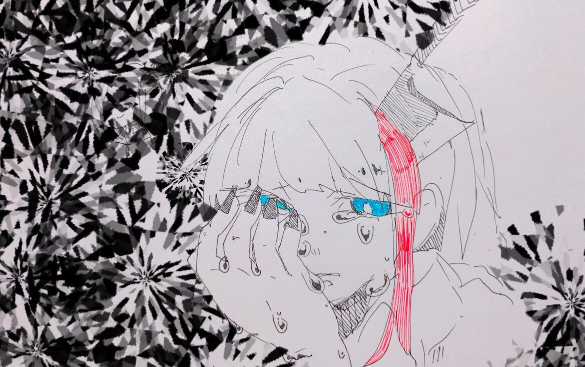 1girl black_nails blue_eyes commentary crying crying_with_eyes_open eguchi_saan english_commentary engrish_commentary fingernails highlights kitchen_knife knife_in_head long_fingernails looking_at_viewer multicolored_hair nail_polish original solo spot_color tearing_up tears