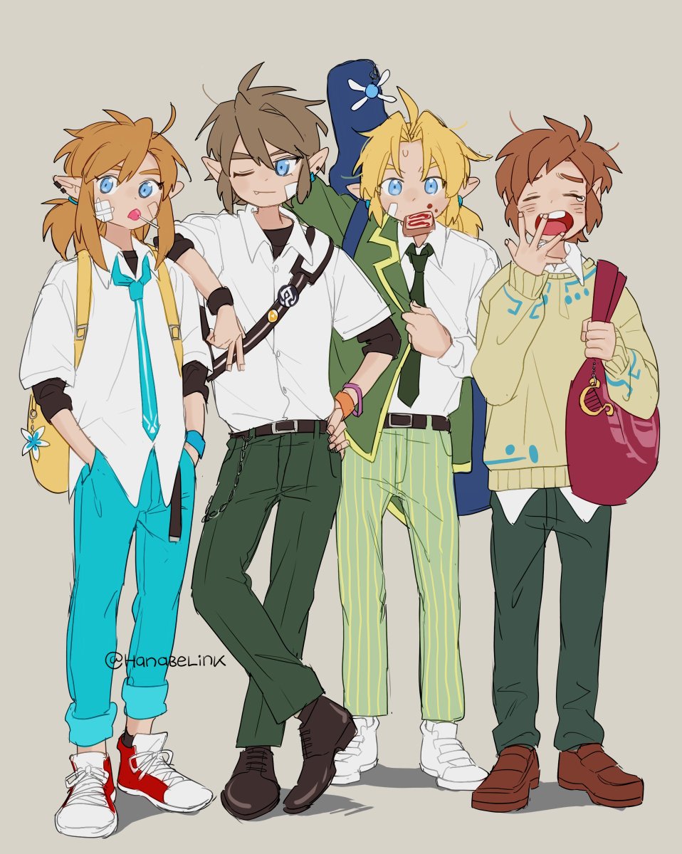 4boys ahoge armband backpack badge bag bandage_on_face bandages belt blonde_hair blue_eyes bracelet brown_hair button_badge candy charm_(object) collared_shirt contemporary dressing earrings fang flower food food_in_mouth guitar_case hanabelink hand_to_own_mouth harp highres instrument instrument_case jacket jewelry leaning_on_person link loafers lollipop messy_hair mouth_hold multiple_boys multiple_persona navi necktie one_eye_closed pants pants_rolled_up pointy_ears ponytail school_uniform shirt shoes shoulder_bag sidelocks simple_background sneakers striped striped_pants sweat sweater t-shirt the_legend_of_zelda the_legend_of_zelda:_breath_of_the_wild the_legend_of_zelda:_ocarina_of_time the_legend_of_zelda:_skyward_sword the_legend_of_zelda:_twilight_princess toast toast_in_mouth v vertical-striped_pants vertical_stripes wallet_chain yawning