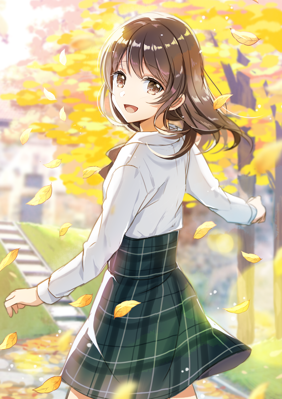 1girl :d autumn_leaves blurry blurry_background brown_eyes brown_hair day grass highres leaf looking_at_viewer looking_back medium_hair mono_lith open_mouth original outdoors plaid plaid_skirt school_uniform shirt skirt smile solo stairs standing tree white_shirt