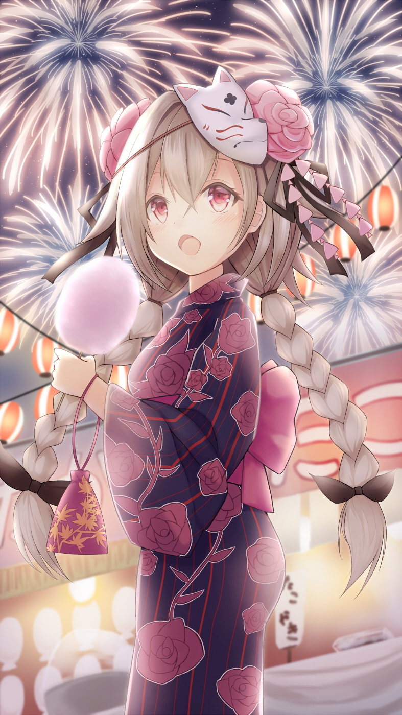 1girl aerial_fireworks bangs black_ribbon blue_kimono blush braid commentary_request cotton_candy eyebrows_visible_through_hair fireworks floral_print food fox_mask hair_between_eyes hair_ribbon highres holding holding_food japanese_clothes kimono lantern light_brown_hair long_hair long_sleeves low_twintails mask mask_on_head night night_sky nishina_kakeri open_mouth original outdoors paper_lantern print_kimono red_eyes ribbon rose_print sky solo stand star_(sky) starry_sky striped summer_festival twin_braids twintails vertical-striped_kimono vertical_stripes very_long_hair wide_sleeves