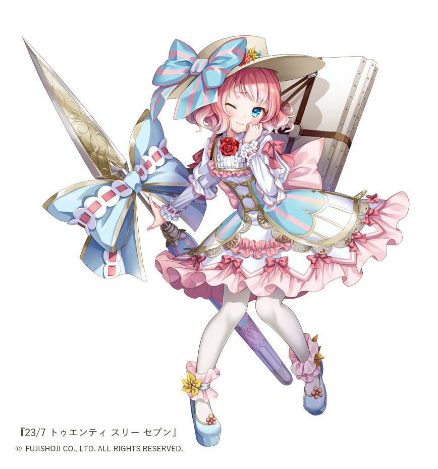 1girl 23/7 ;) ankle_socks blue_bow blue_footwear bow dress flower frills full_body hand_up hat hat_bow hat_flower long_sleeves ne-on o-ring official_art one_eye_closed pantyhose pink_bow pink_hair polearm red_flower shoes short_hair simple_background smile spear standing sun_hat tagme watermark weapon white_background white_legwear