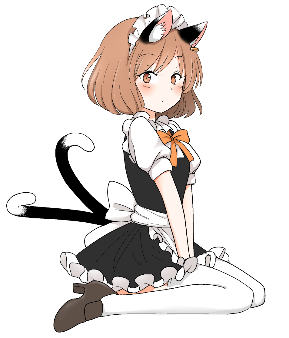 1girl animal_ears apron artist_request between_legs blush brown_footwear brown_hair cat_ears cat_tail chen dress ear_piercing eyebrows_visible_through_hair frilled_dress frills full_body hand_between_legs kneeling looking_to_the_side maid_apron maid_headdress multiple_tails orange_ribbon piercing ribbon short_hair simple_background solo tail thigh-highs touhou two_tails v_arms white_background