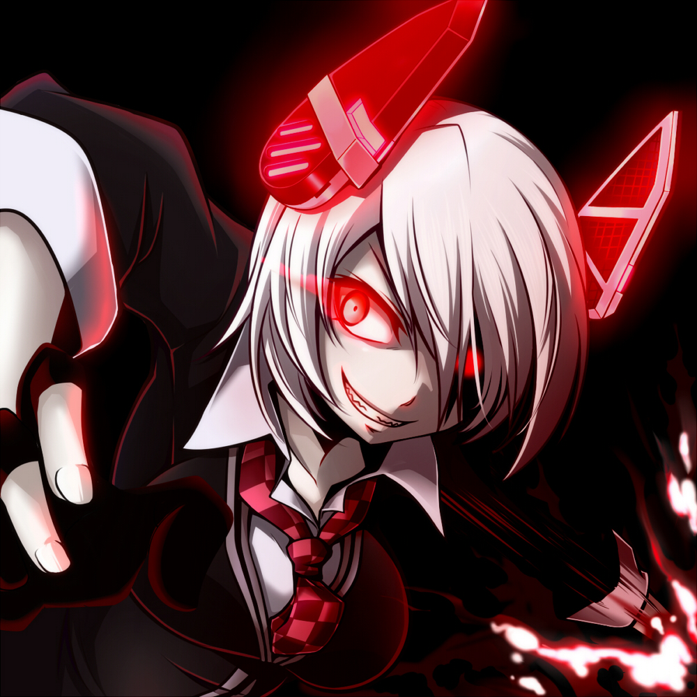 1girl black_background black_jacket checkered checkered_neckwear collared_shirt commentary_request dark_persona fingerless_gloves fingernails gloves glowing glowing_eyes hair_over_one_eye headgear jacket kantai_collection monochrome necktie popped_collar red red_neckwear shinkaisei-kan shirt short_hair smile solo tenryuu_(kantai_collection) tottsuman white_shirt wing_collar