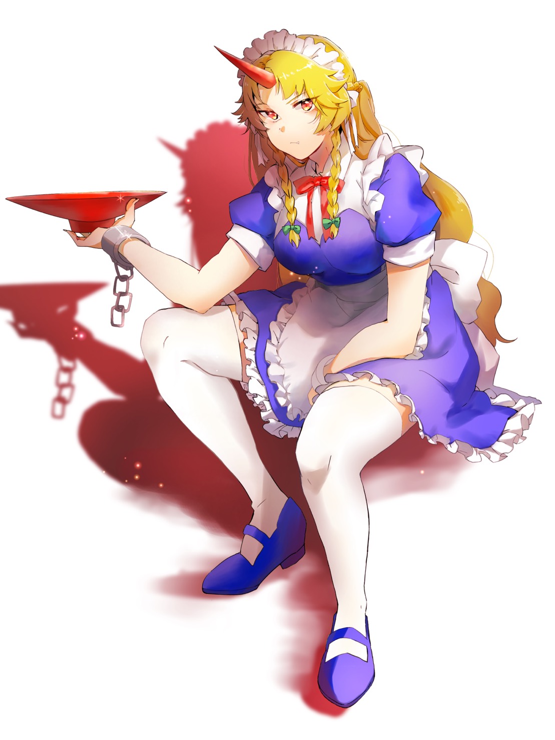1girl alternate_costume apron blonde_hair blue_dress blue_footwear braid breasts chain closed_mouth commentary_request cuffs cup dress enmaided frilled_apron frilled_dress frills full_body highres horns hoshiguma_yuugi k_koba long_hair looking_at_viewer maid maid_apron maid_headdress mary_janes medium_breasts official_alternate_costume orange_eyes puffy_short_sleeves puffy_sleeves red_horns sakazuki shackles shoes short_sleeves simple_background single_horn solo thigh-highs touhou touhou_lost_word twin_braids very_long_hair waist_apron white_apron white_background white_thighhighs