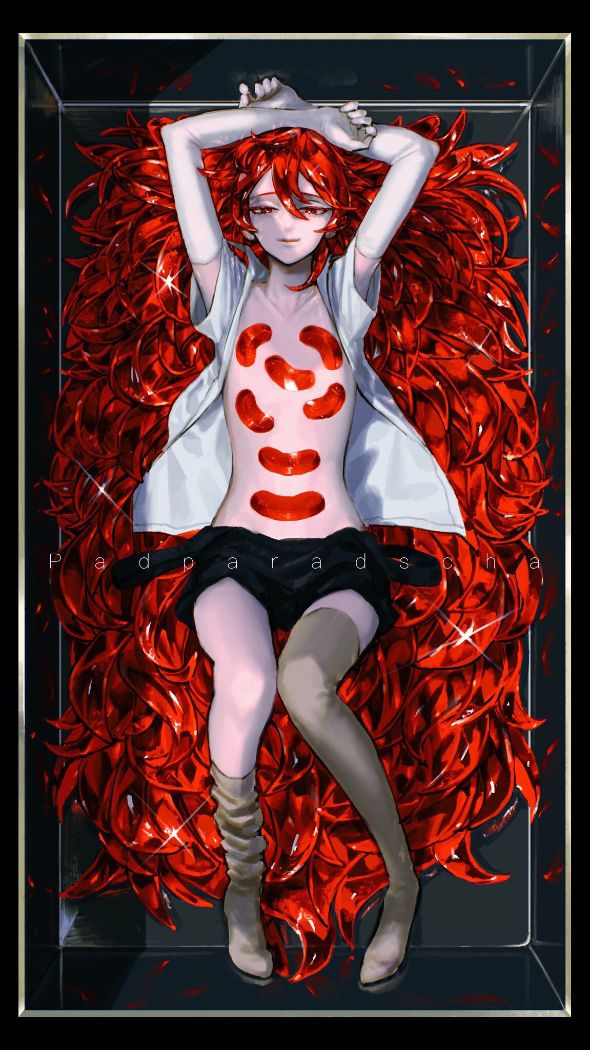 1other androgynous box character_name colored_eyelashes crystal_hair elbow_gloves gem_uniform_(houseki_no_kuni) gloves highres houseki_no_kuni kattatsu_(aadg7828) long_hair looking_at_viewer lying on_back open_clothes open_shirt padparadscha_(houseki_no_kuni) red_eyes redhead smile solo sparkle thigh-highs very_long_hair wavy_hair