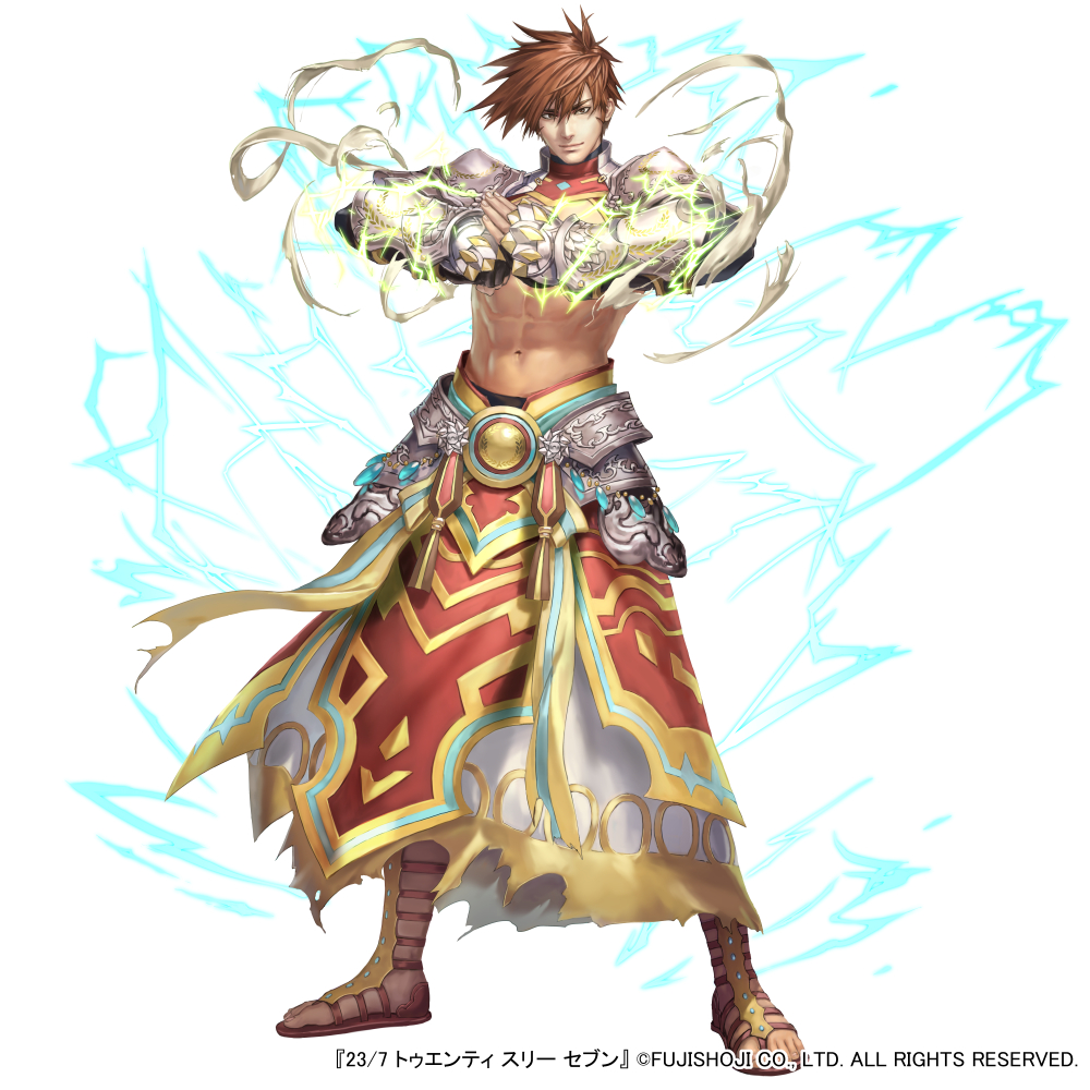 1boy 23/7 abs armor brown_eyes brown_hair electricity fist_in_hand gem hands_together looking_at_viewer male_focus muscle navel official_art sandals smile solo standing suiact white_background