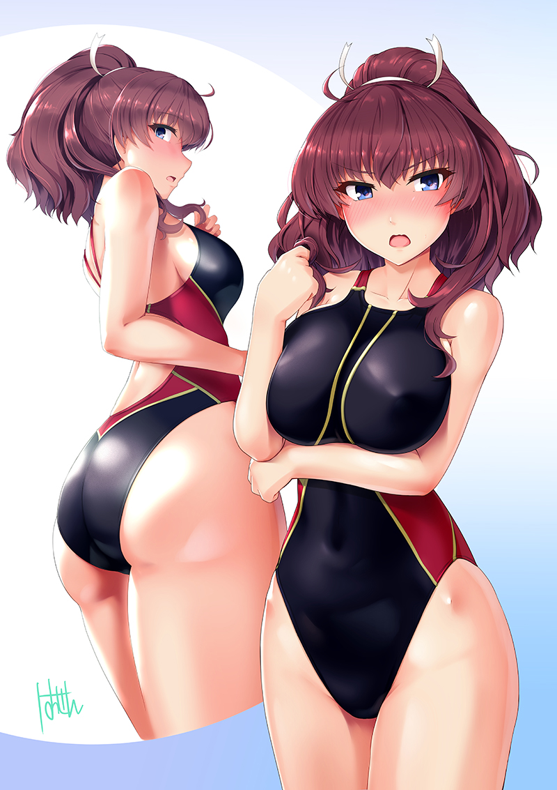 1girl 8000 ass black_swimsuit blue_eyes blush brown_hair commentary_request competition_swimsuit cowboy_shot konohana_suzuka long_hair looking_at_viewer multiple_views one-piece_swimsuit ponytail solo swimsuit toji_no_miko white_background