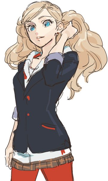 1girl blonde_hair blue_eyes breasts commentary_request earrings hanakuso jewelry long_hair looking_at_viewer persona persona_5 red_legwear shuujin_academy_uniform smile solo stud_earrings takamaki_anne twintails