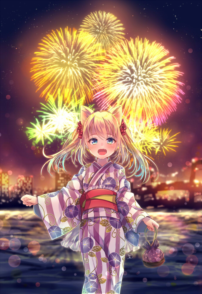 1girl aerial_fireworks animal_ears bangs blonde_hair blue_eyes blue_hair blurry blurry_background blush bridge building cat_ears cityscape commentary_request depth_of_field eyebrows_visible_through_hair fireworks floral_print flower gradient_hair hair_flower hair_ornament holding japanese_clothes kimono long_hair long_sleeves looking_at_viewer multicolored_hair nemuri_nemu night night_sky obi open_mouth original print_kimono red_flower river sash sky skyscraper solo striped twintails vertical-striped_kimono vertical_stripes water wide_sleeves