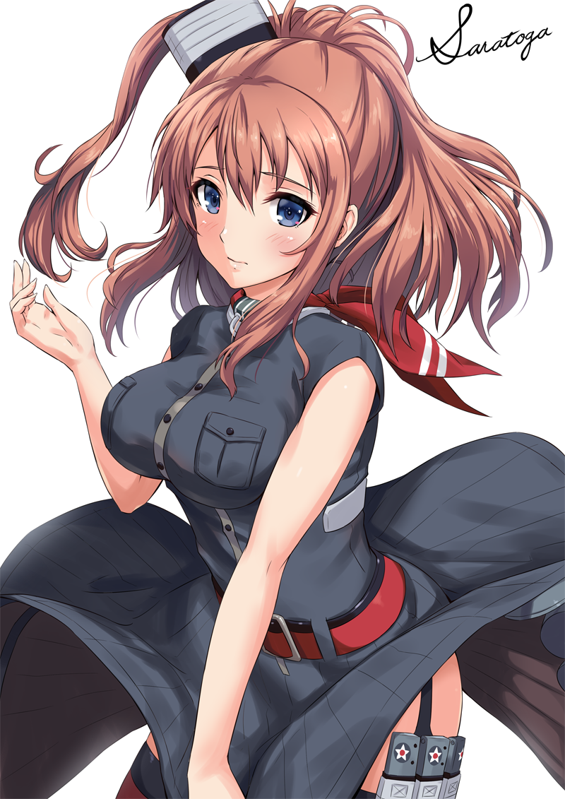 1girl anchor bare_shoulders belt_buckle black_blouse black_dress blouse blue_eyes blush breast_pocket breasts brown_hair buckle character_name closed_mouth dress eyebrows_visible_through_hair garter_straps hair_between_eyes kantai_collection large_breasts long_hair looking_at_viewer neckerchief pocket ponytail red_belt red_legwear red_neckwear remodel_(kantai_collection) sakiyamama saratoga_(kantai_collection) side_ponytail simple_background smile smokestack solo thigh-highs white_background wind wind_lift