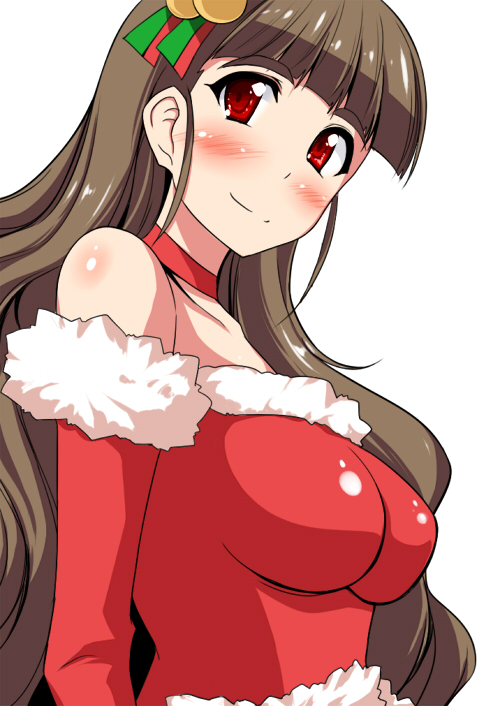 1girl bangs bare_shoulders bell blunt_bangs blush breasts brown_hair choker christmas closed_mouth commentary_request crop_top elbow_gloves eyebrows_visible_through_hair from_side fur-trimmed_gloves fur-trimmed_shirt fur_trim gloves idolmaster idolmaster_cinderella_girls kamiya_nao long_hair looking_at_viewer looking_to_the_side medium_breasts raised_eyebrows red_choker red_eyes red_gloves ringed_eyes santa_costume shiny shiny_clothes simple_background smile solo stiel thick_eyebrows upper_body very_long_hair white_background