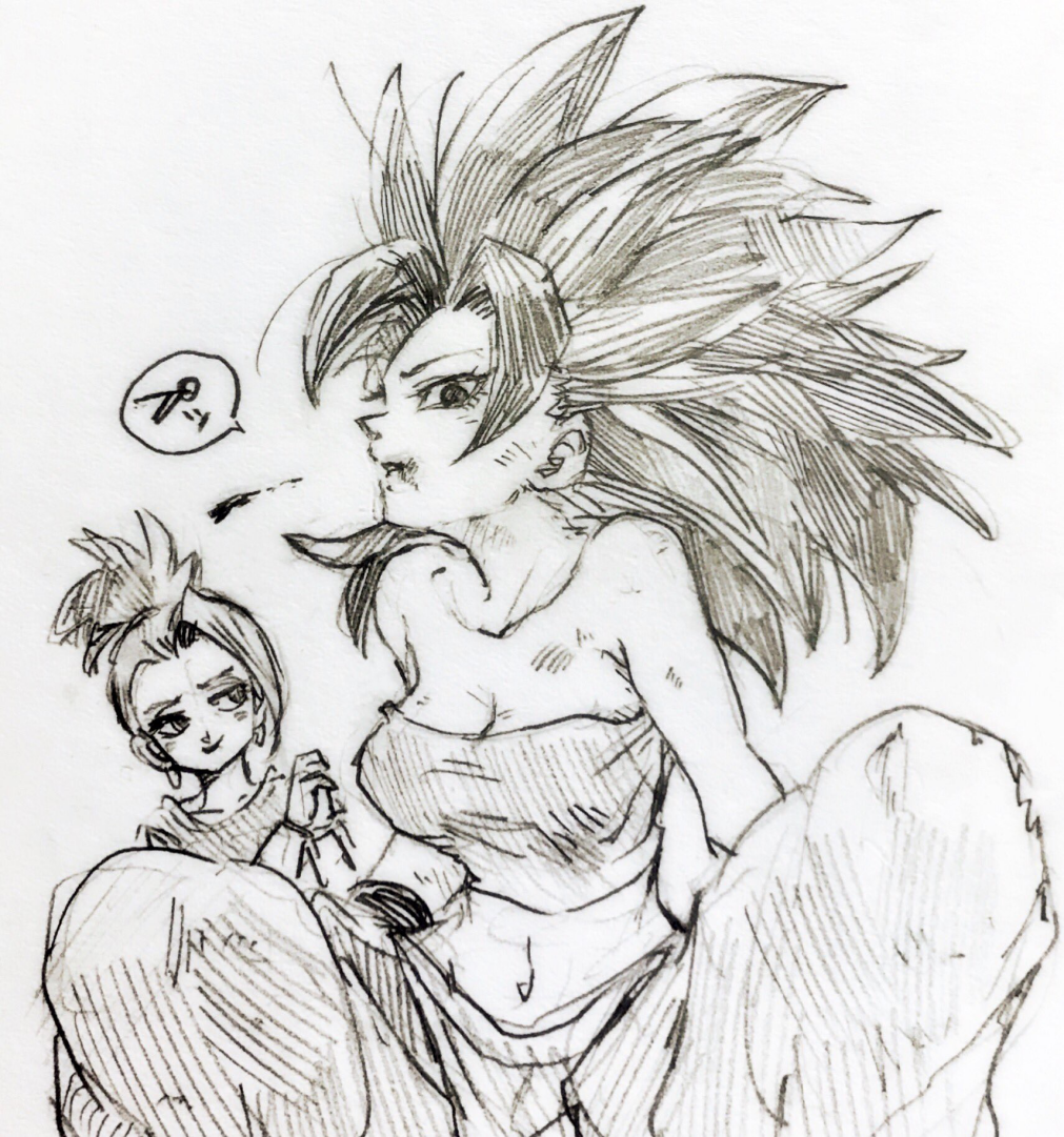 2girls bare_shoulders black_eyes black_hair caulifla dirty dirty_clothes dirty_face dragon_ball dragon_ball_super earrings happy jewelry kale_(dragon_ball) looking_away monochrome multiple_girls ponytail profile short_hair simple_background sitting smile speech_bubble spiky_hair tank_top tkgsize translation_request upper_body