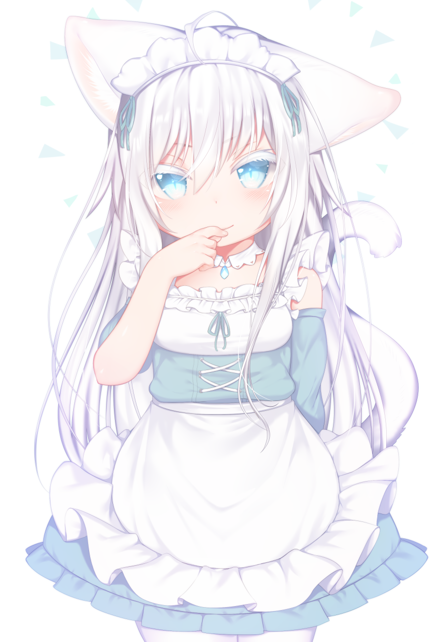 1girl animal_ears apron asymmetrical_sleeves bangs blue_dress blush cat_ears cat_girl cat_tail closed_mouth colored_eyelashes commentary_request cross-laced_clothes detached_sleeves dress eyebrows_visible_through_hair fingernails frilled_apron frills green_ribbon hair_between_eyes hand_to_own_mouth hand_up highres long_sleeves maid maid_headdress mofuaki original pantyhose puffy_short_sleeves puffy_sleeves ribbon short_sleeves silver_hair simple_background sleeveless sleeveless_dress smile solo tail tail_raised unaligned_ears waist_apron white_apron white_background white_legwear
