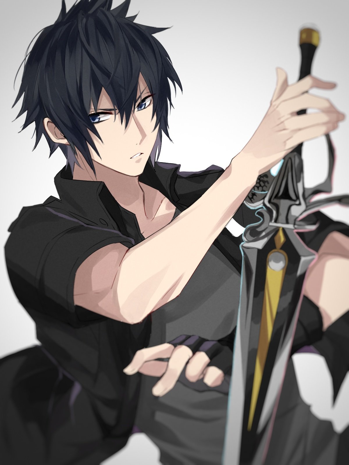 1boy bangs black_collar black_hair black_jacket blue_eyes final_fantasy final_fantasy_xv fingerless_gloves gloves grey_shirt hair_between_eyes highres holding holding_sword holding_weapon jacket looking_to_the_side male_focus noctis_lucis_caelum open_clothes open_jacket parted_lips shirt short_hair single_glove spiky_hair sword weapon yawatofu