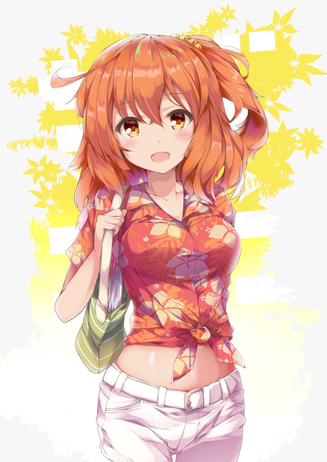 1girl :d bangs belt_buckle blush breasts buckle collarbone commentary_request eyebrows_visible_through_hair fate/grand_order fate_(series) floral_print front-tie_top fujimaru_ritsuka_(female) fuuna hair_between_eyes hair_ornament hair_scrunchie hawaiian_shirt head_tilt looking_at_viewer medium_breasts midriff one_side_up open_mouth orange_eyes orange_shirt print_shirt red_eyes scrunchie shirt shorts smile solo tied_shirt tropical_summer white_belt white_shorts yellow_scrunchie