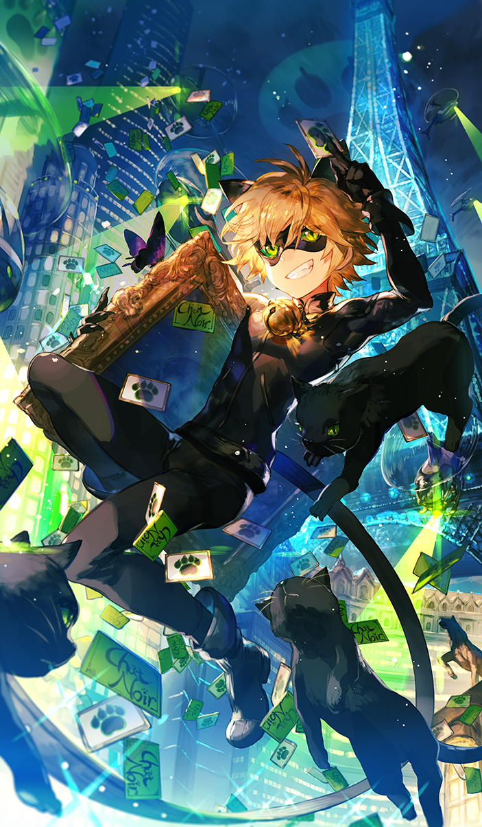 1boy adrien_agreste aircraft animal_ears bell black_bodysuit blonde_hair bodysuit boots building calling_card cat cat_ears character_name chat_noir eiffel_tower fingernails green_sclera grin helicopter highres looking_at_viewer male_focus mask miraculous_ladybug scorpion5050 sharp_fingernails skyscraper smile