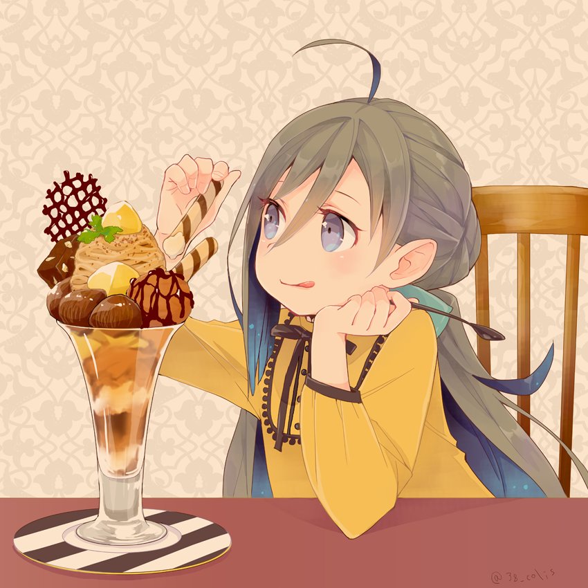1girl ahoge alternate_costume chair colis commentary_request dessert dress food glass grey_eyes grey_hair hair_between_eyes ice_cream kantai_collection kiyoshimo_(kantai_collection) long_hair low_twintails parfait solo twintails twitter_username upper_body very_long_hair wafer_stick yellow_dress
