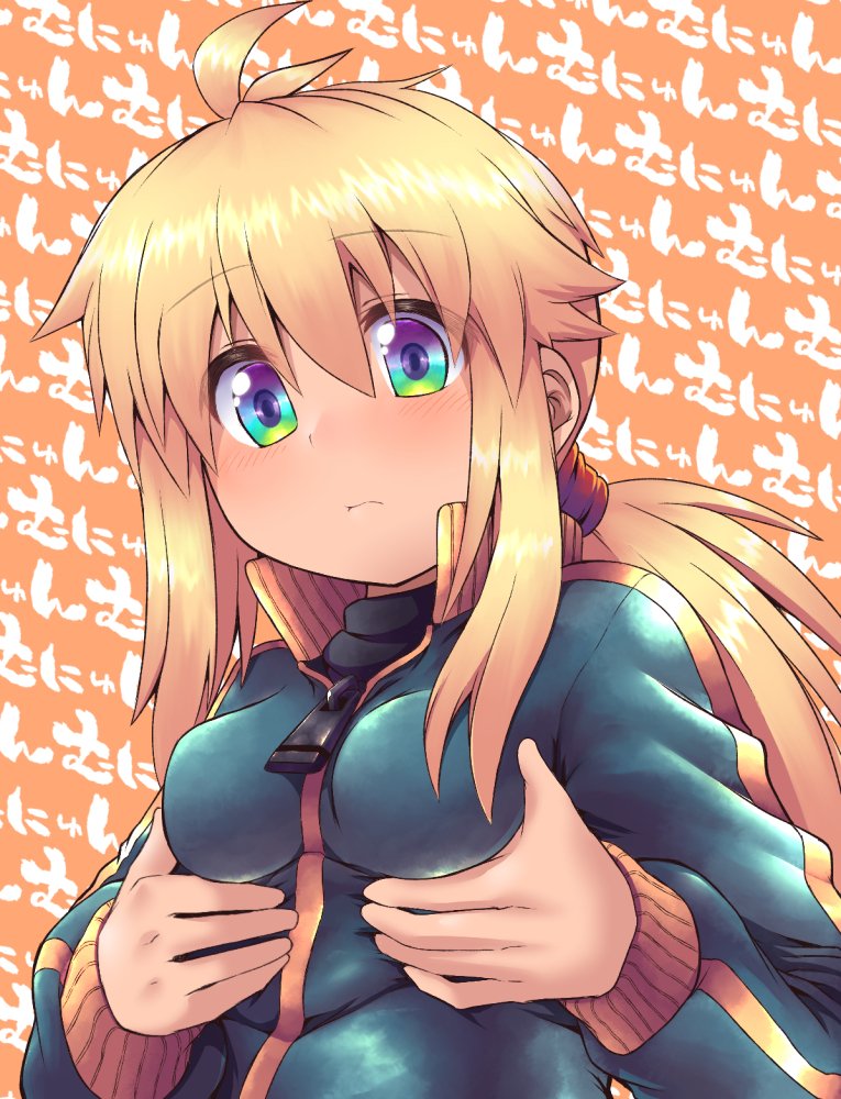 1girl ahoge blonde_hair blush breast_grab breasts commentary_request grabbing green_eyes jacket koshirae_tsurugi long_hair m.m medium_breasts original ponytail self_fondle solo track_jacket